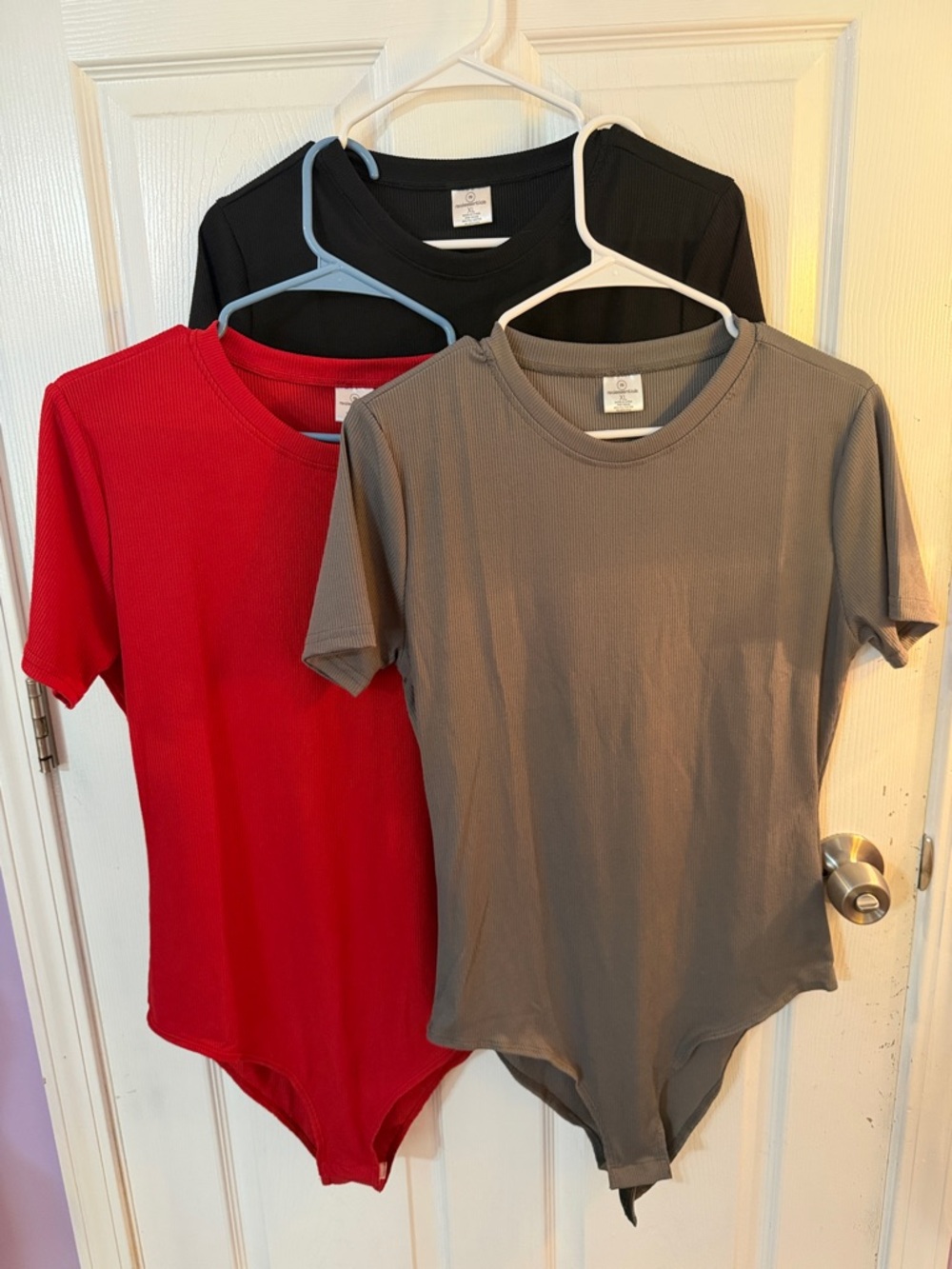 Women’s Shapewear Short Sleeve Ribbed Bodysuit Bundle - Red, Gray, Black Size XL